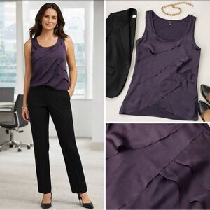 ANN TAYLOR PURPLE SATIN RUFFLE FRONT TANK BLOUSE SIZE SMALL WORK TOP